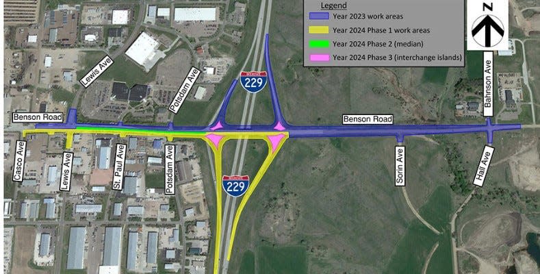 The first phase of the Benson Road / I-229 interchange project (shown in purple) will begin on Monday, April 3. This will close Benson Road east of I-229 and have two-lane traffic to the west while construction crews add additional lanes as part of the diverging diamond intersection.
