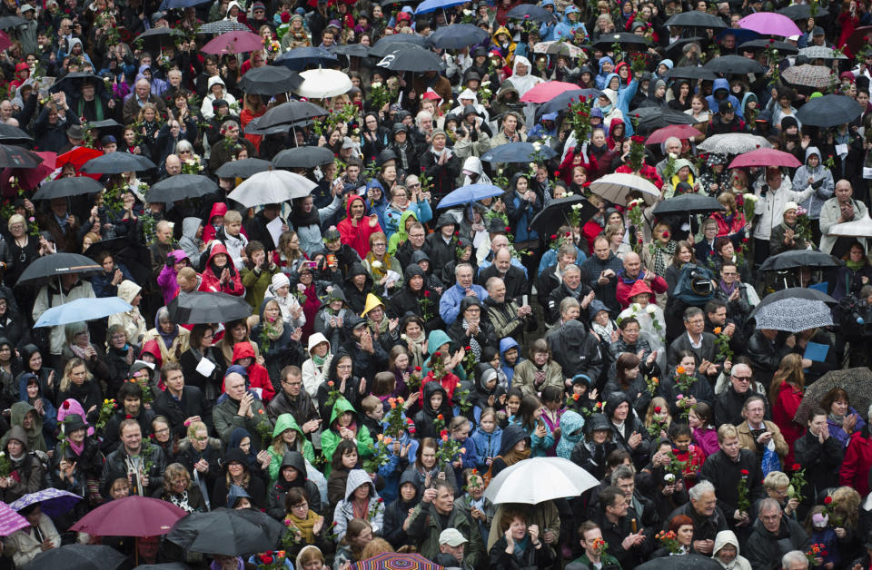 As the trial of Anders Behring Breivik continues an estimated 40,000 people gathered in a square near the courthouse in Oslo singing "Children of the Rainbow" by Norwegian folk singer Lillebjoern Nilsen. Speaking in court last week, Breivik said that Nilsen was "a very good example of a Marxist" who had infiltrated the cultural scene and that his song was typical of the "brainwashing of Norwegian pupils."