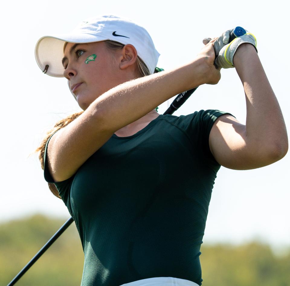 Zionsville’s Taylor Snively tees off on hole three Friday, Oct. 4, 2024, during round one of the 2024-25 IHSAA girls golf state championships at Prairie View Golf Club in Carmel, Indiana.