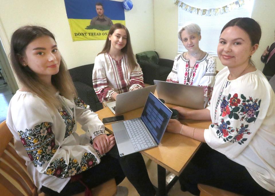 The four original Ukrainian scholars who were chosen to study at Stetson University on full scholarships following the 2022 Russian invasion, from left, are Yana Verbova, Yuliia Balan, Genevia Gayden and Veronika Shchur. Verbova and Balan are graduating Saturday, while Gayden is planning to continue her studies at Stetson for two more years. Shchur tranferred to the University of Texas at Austin to be closer to relatives.