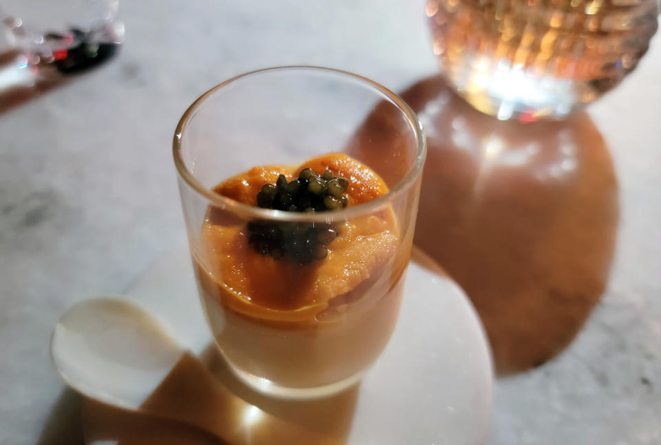 Chawanmushi with uni and caviar at Noda in the Flatiron District of New York City.  (Courtesy Eric Finkelstein)