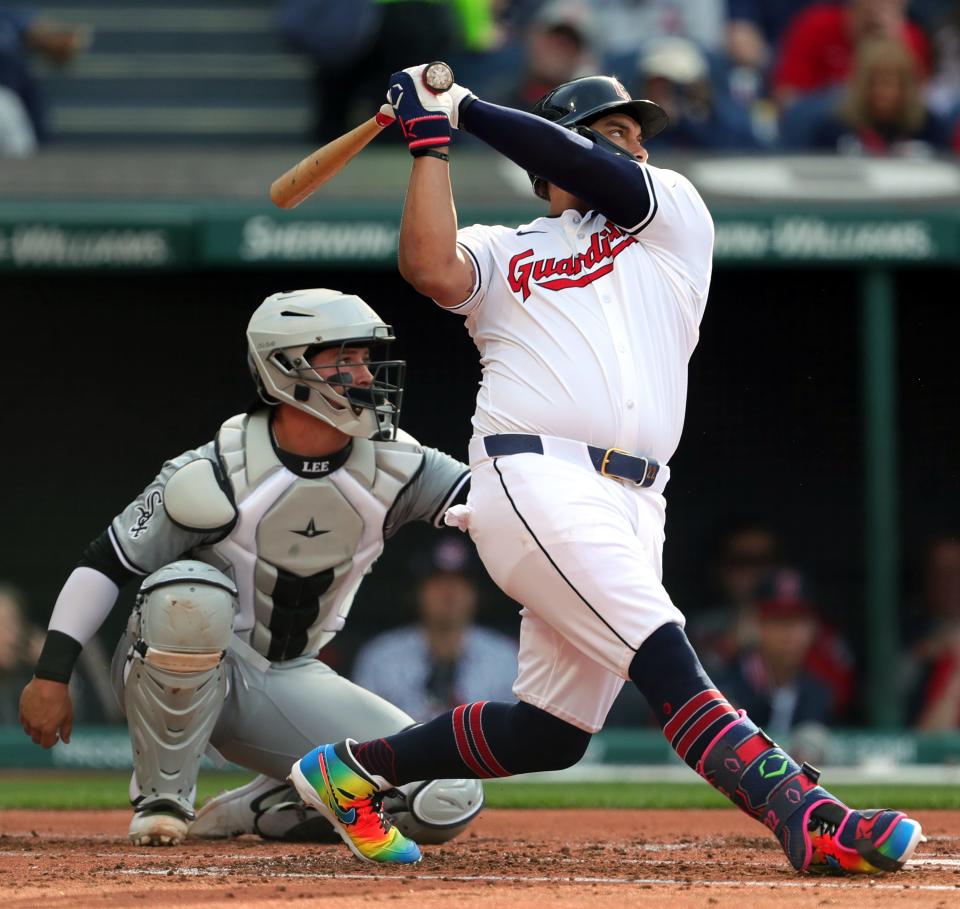 Guardians first baseman Josh Naylor watches his fourth-inning single to left field fourth in the home opener against the Chicago White Sox, Monday, April 8, 2024.