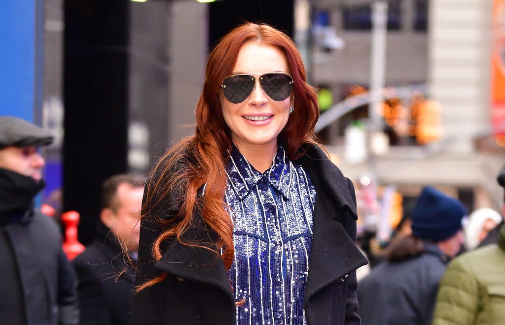 Lindsay Lohan leaves ABC's "Good Morning America" in Times Square on January 7, 2019 in New York City.