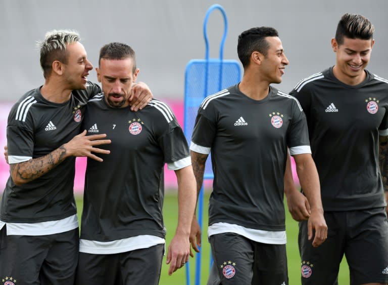 James Rodriguez (R) at Bayern training on Tuesday with (from left to right) Rafinha, Franck Ribery and Thiago Alcantara