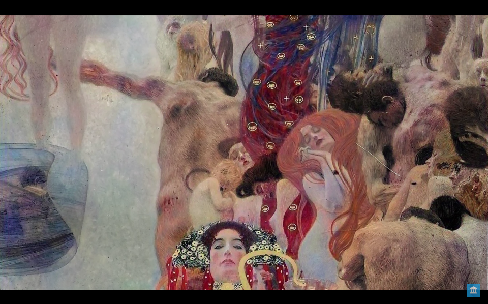 A close-up of Gustav Klimt's painting, Medicine, colorized with a Google AI algorithm.