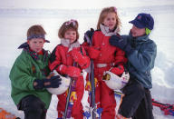 <p>William and Harry either side of their cousins Princess Beatrice and Princess Eugenie, on a skiing holiday in Klosters, Switzerland, in January 1995. (Getty Images)</p> 