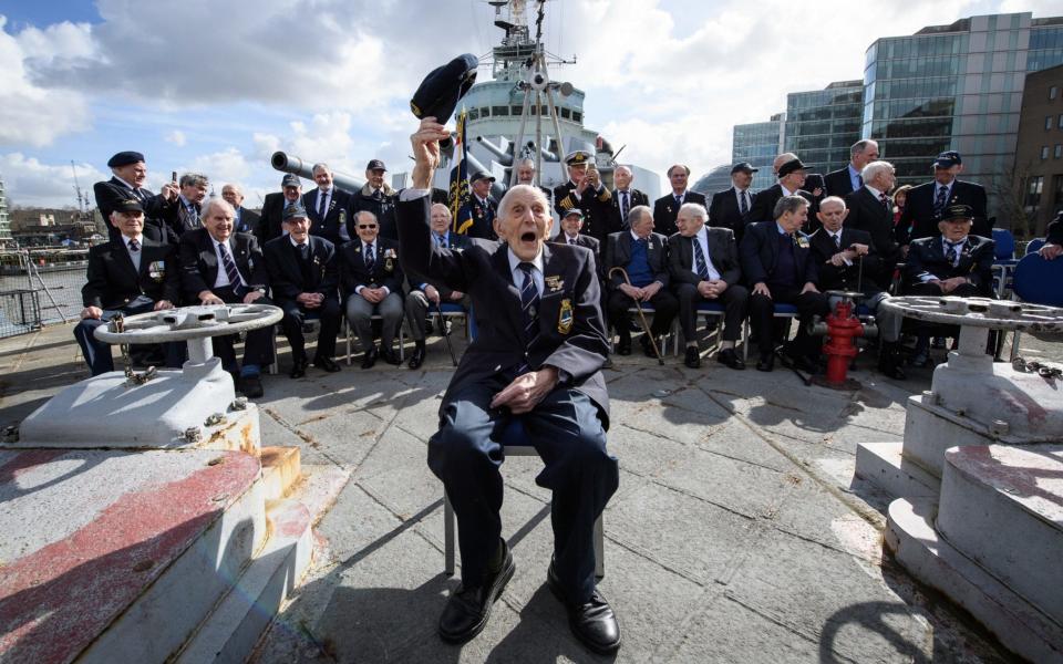 HMS Belfast's oldest surviving veteran, John Harrison, 104, helps celebrate the D Day warship's 80th anniversary - Getty Images Europe