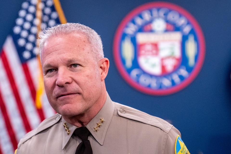 Maricopa County Sheriff Russ Skinner speaks after being sworn in as sheriff during a Board of Supervisors special meeting in Phoenix on Feb. 8, 2024.
