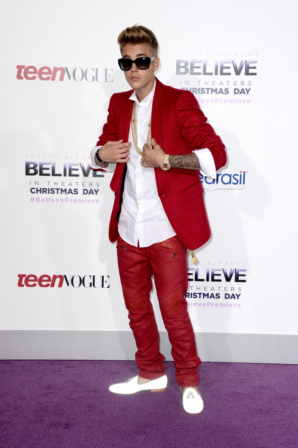 Arrives at the premiere of Open Road Films' "Justin Bieber's Believe" at Regal Cinemas L.A. Live on December 18, 2013 in Los Angeles, California.