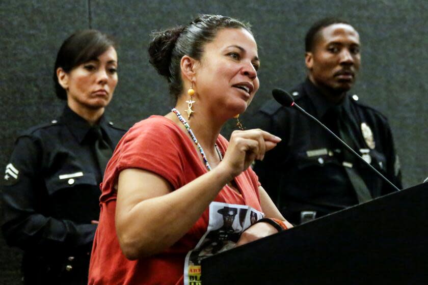 Melina Abdullah addresses a Police Commission meeting at LAPD headquarters