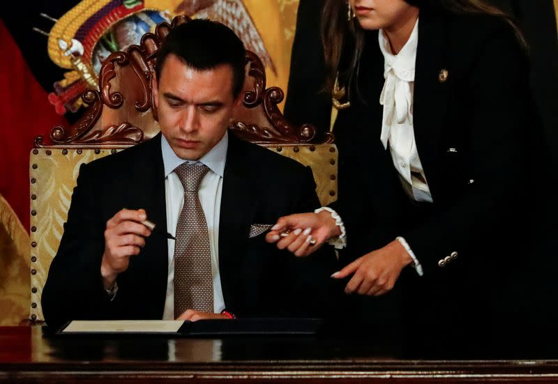 Ecuador's President Daniel Noboa signs first decrees at the Presidential Palace (Palacio de Carondelet) on the day of his swearing-in ceremony, in Quito