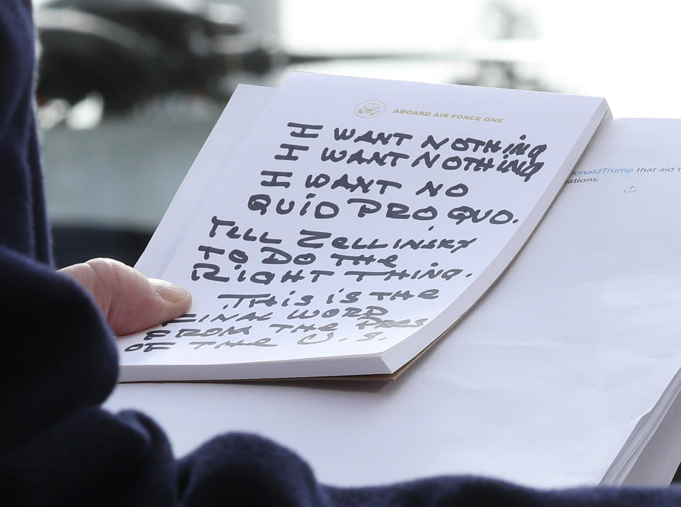 U.S. President Donald Trump holds his notes while speaking to the media before departing from the White House in Washington D.C. on Nov. 20, 2019. | Mark Wilson—Getty Images