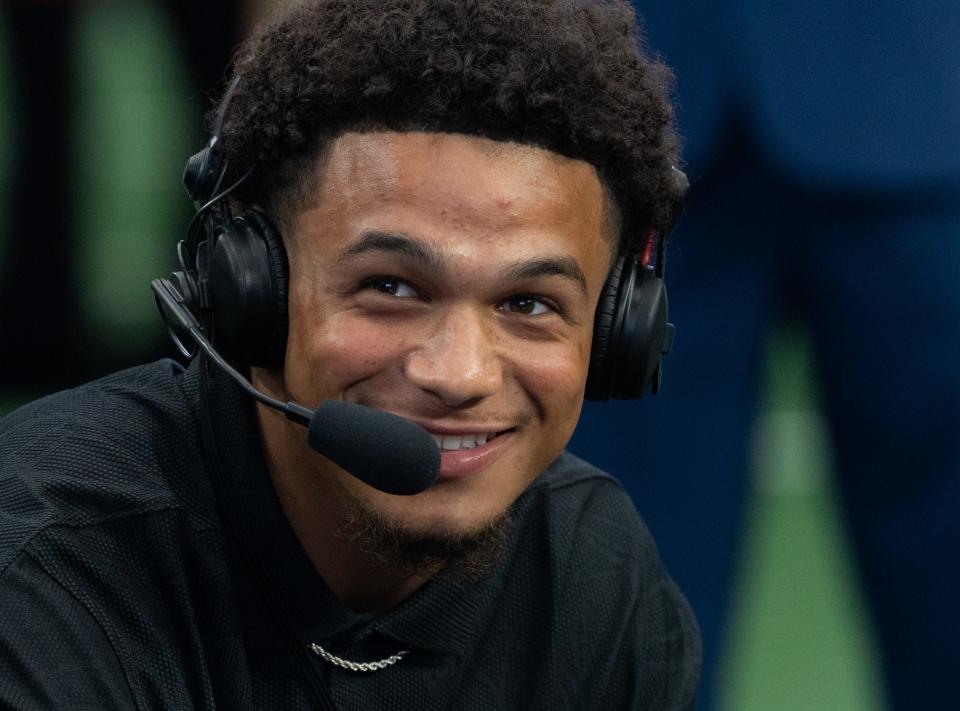 Iowa State wide receiver Jaylin Noel does an interview on the second day of Big 12 Media Days in AT&T Stadium in Arlington, Texas on Thursday.