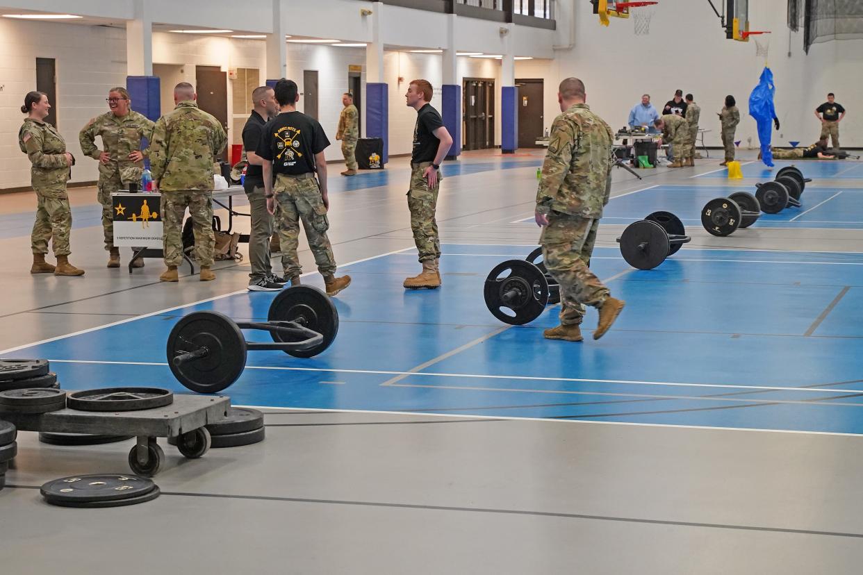 An Army combat fitness test competition and other tactical and strength tests were included as part of Adrian College's "Meet the Army Community Day" held Friday, April 12, 2024, throughout the college's campus, including here, inside the Merillat Sport and Fitness Center.