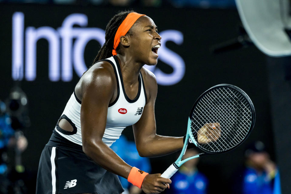 Seen here, Coco Gauff celebrates after beating Emma Raducanu in Round 2 of the 2023 Australian Open. 