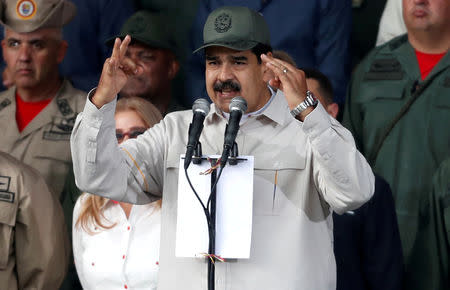 Venezuela's President Nicolas Maduro speaks during a ceremony to mark the 17th anniversary of the return to power of Venezuela's late President Hugo Chavez in Caracas, Venezuela April 13, 2019. REUTERS/Carlos Garcia Rawlins