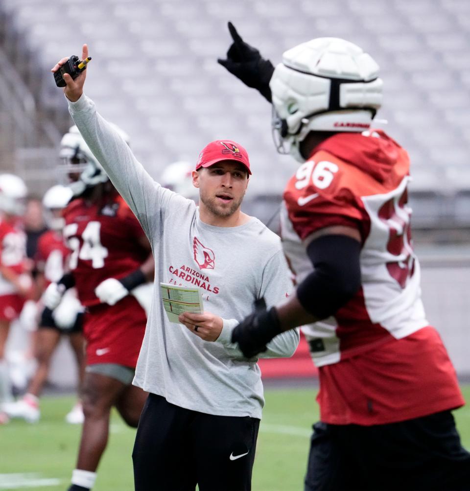 Jul 27, 2023; Phoenix, AZ, USA; Arizona Cardinals defensive coordinator Nick Rallis during training camp at State Farm Stadium. Mandatory Credit: Rob Schumacher-Arizona Republic