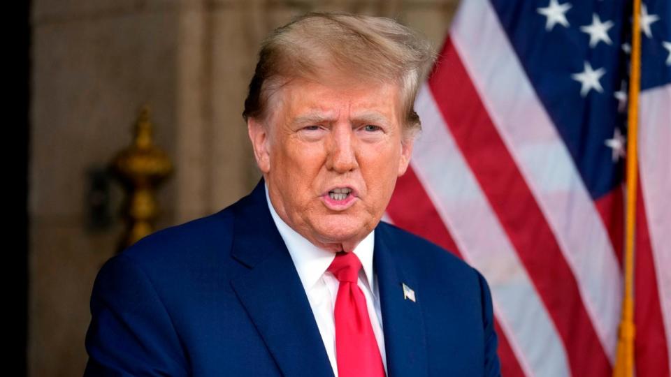 PHOTO: Former President Donald Trump speaks at his Mar-a-Lago estate, Feb. 8, 2024, in Palm Beach, Fla. (Rebecca Blackwell/AP)