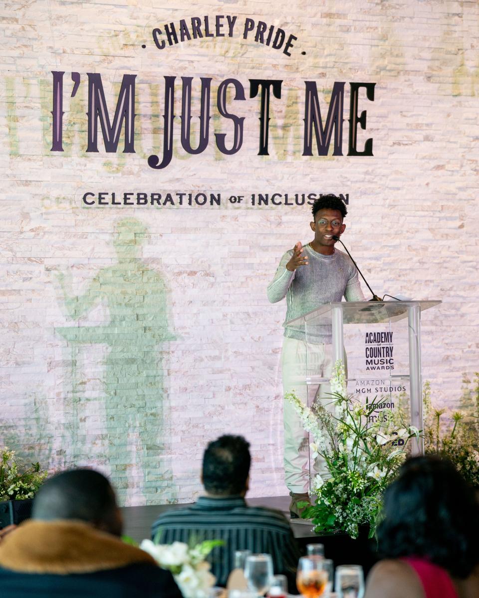Breland speaks during the “I’m Just Me: A Charley Pride Celebration of Inclusion” event in Frisco, Texas., Tuesday, May 14, 2024.