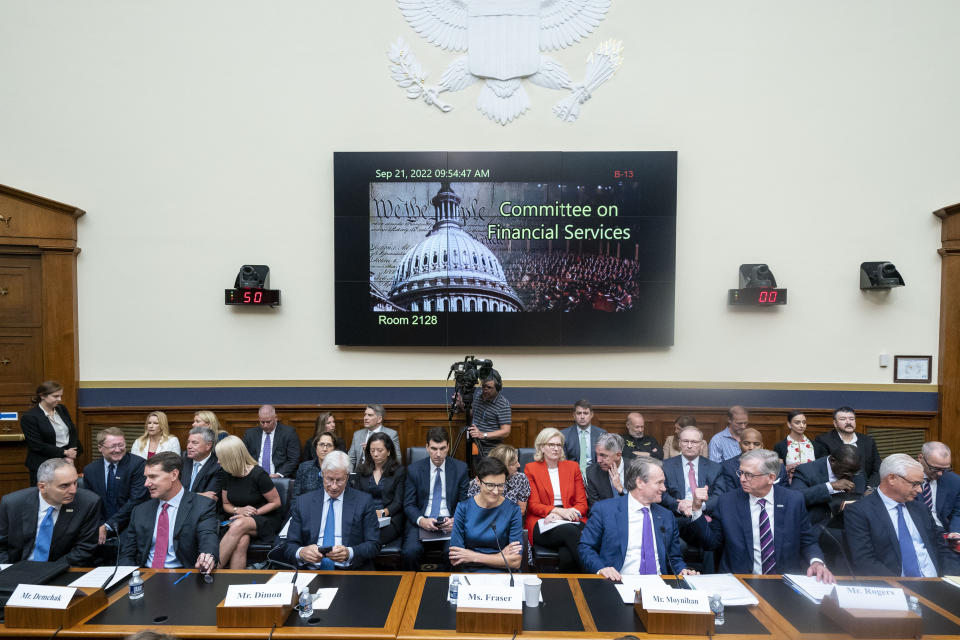 From left; U.S. Bancorp Chairman, President, and CEO Andy Cecere; PNC Financial Services Group Chairman, President, and CEO William Demchak; JPMorgan Chase & Co. Chairman and CEO Jamie Dimon; Citigroup CEO Jane Fraser; Bank of America Chairman and CEO Brian Moynihan; Truist Financial Corporation Chairman and CEO William Rogers Jr.; and Wells Fargo President and CEO Charles Scharf appear before a House Committee on Financial Services Committee hearing on "Holding Megabanks Accountable: Oversight of America's Largest Consumer Facing Banks" on Capitol Hill in Washington, Wednesday, Sept. 21, 2022. (AP Photo/Andrew Harnik)