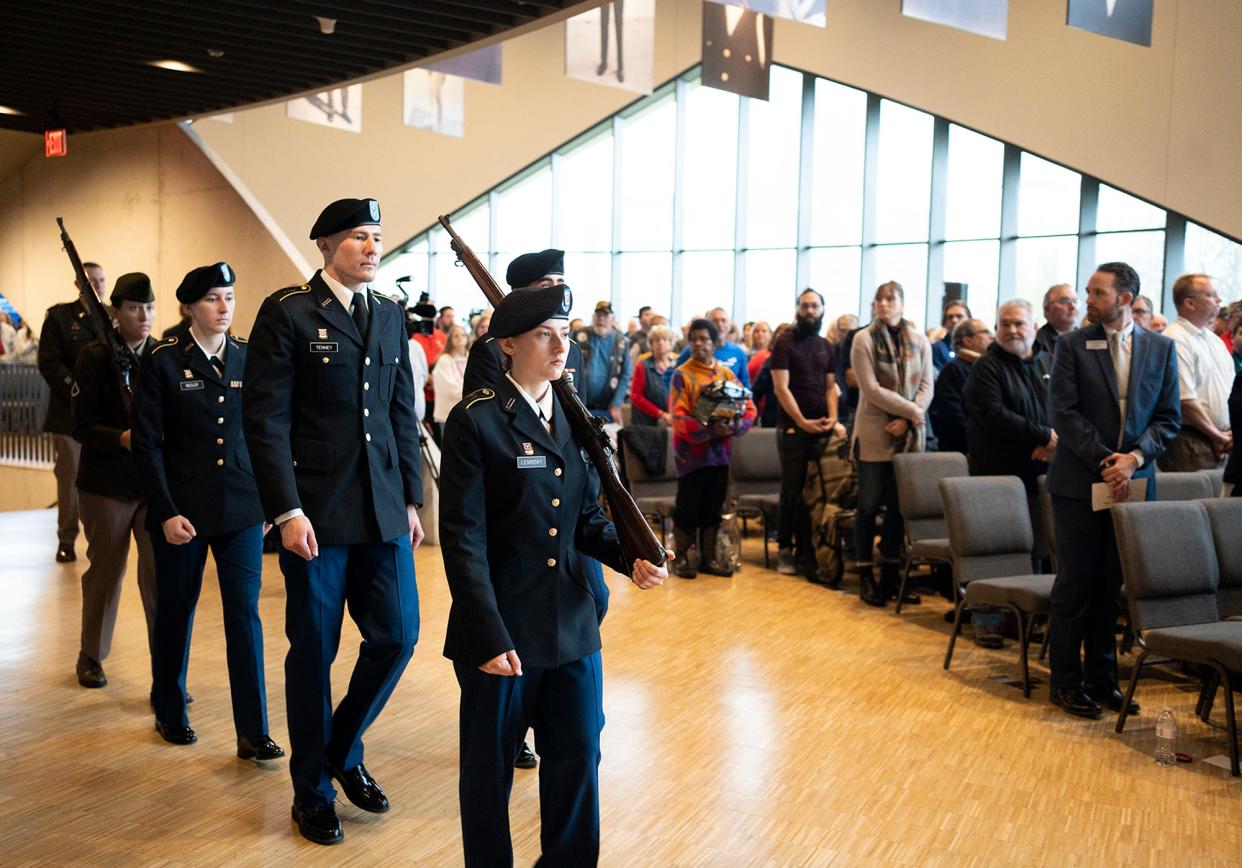 The Ohio State University Army ROTC prepares to retrieve the colors Friday, Nov. 11, 2022 during the annual Veterans Day ceremony at the National Veterans Memorial and Museum in Columbus.