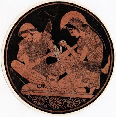 A vase depicts Achilles bandaging the wound of his close friend Patroclus. Art from the era sometimes depicts the pair as lovers. <a href="https://www.gettyimages.com/detail/news-photo/achilles-hero-of-homers-epic-poem-iliad-bandaging-the-wound-news-photo/113441527?adppopup=true" rel="nofollow noopener" target="_blank" data-ylk="slk:Universal History Archive/Universal Images Group Editorial/Getty Images;elm:context_link;itc:0;sec:content-canvas" class="link ">Universal History Archive/Universal Images Group Editorial/Getty Images</a>