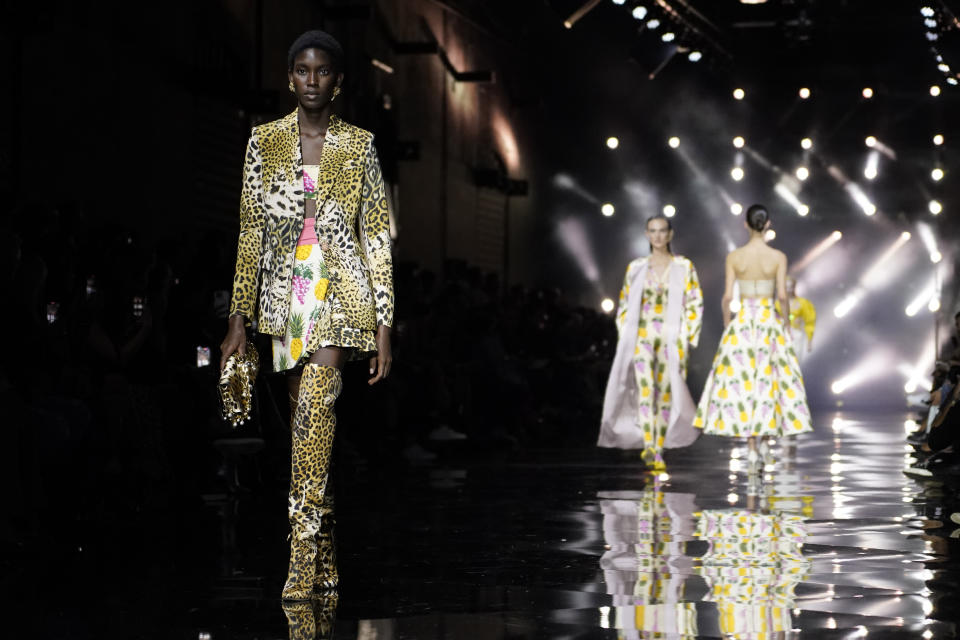 A model wears a creation as part of the Roberto Cavalli women's Spring Summer 2023 collection presented in Milan, Italy, Wednesday, Sept. 21, 2022. (AP Photo/Alberto Pezzali)