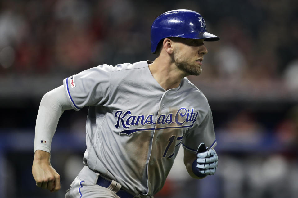 Kansas City Royals' Hunter Dozier runs the bases after hitting a grand slam in the ninth inning of a baseball game against the Cleveland Indians, Tuesday, June 25, 2019, in Cleveland. The Royals won 8-6. (AP Photo/Tony Dejak)