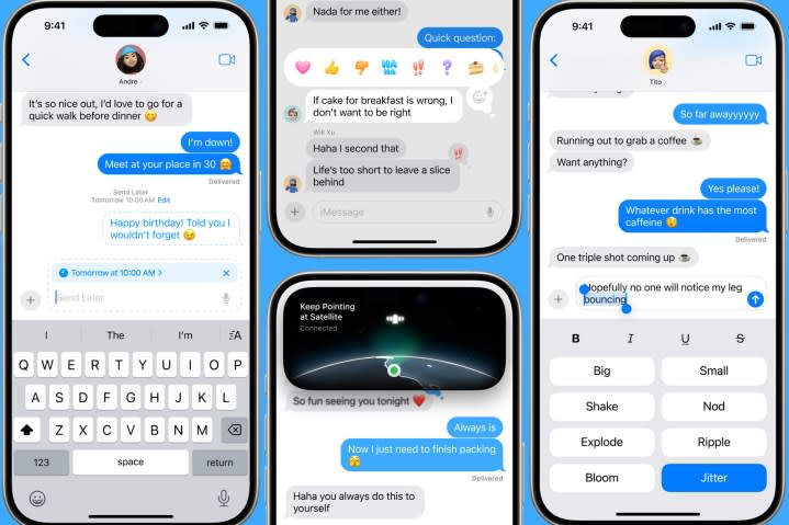 Screenshots of various new iMessage features in iOS 18.