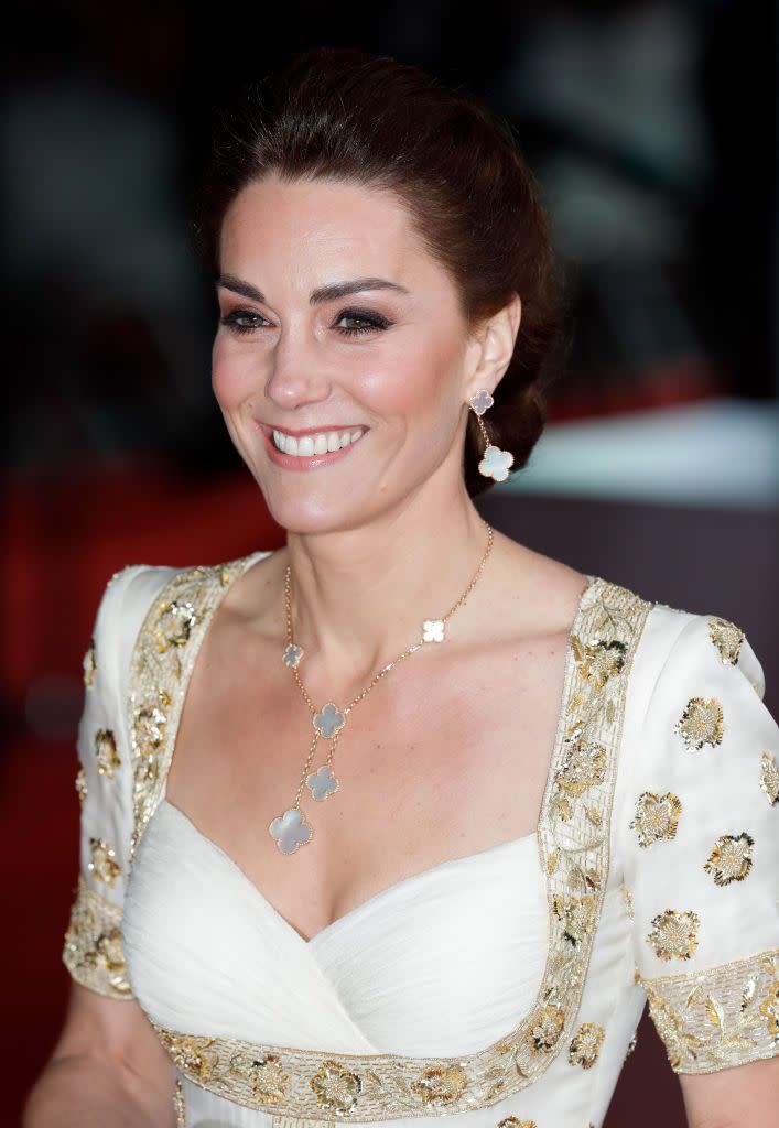 <p>The Duchess of Cambridge wore a collection of Van Cleef & Arpels's iconic Alhambra motif in shimmering mother of pearl to the EE British Academy Film Awards at the Royal Albert Hall. </p>