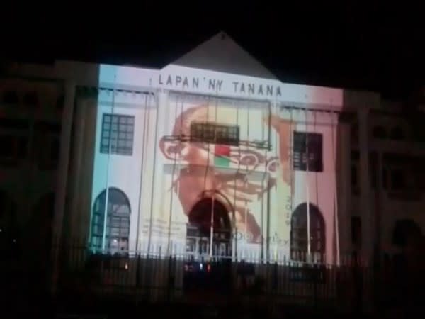 Town Hall building in Madagascar's capital Antananarivo lit up with a special projection of the portrait of Mahatma Gandhi.