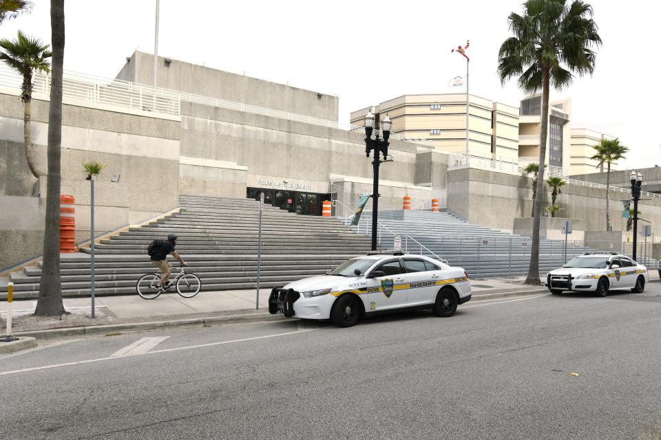 The Police Memorial Building on West Bay Street sits in front of the Duval County Jail. The Police Memorial Building opened in 1977 and serves as the headquarters of the Sheriff's Office.