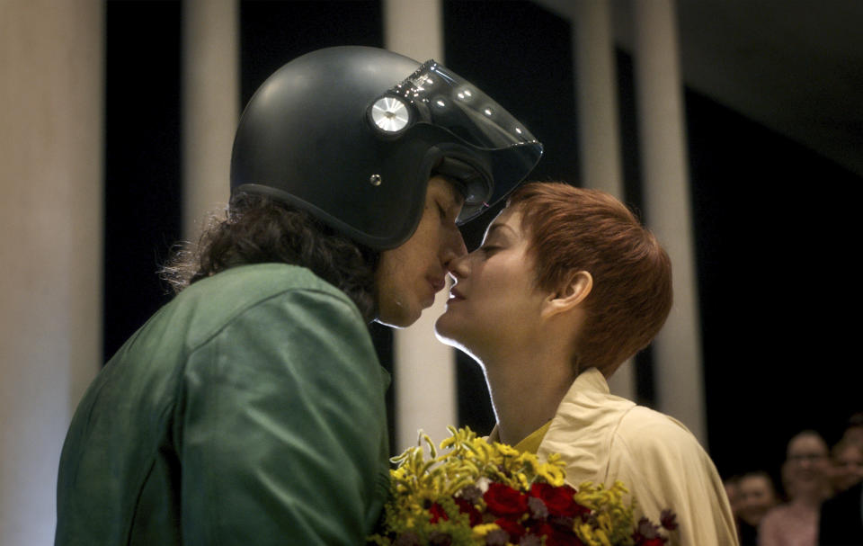 This image released by Amazon Studios shows Adam Driver, left, and Marion Cotillard in a scene from "Annette," a film that will open the 74th Cannes Film Festival on July 6. (Amazon via AP)