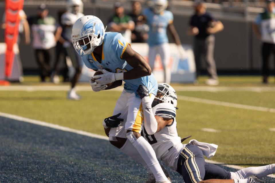 Kent State wide receiver Devontez Walker pulls in a touchdown catch in the first half of Saturday’s game against the Akron Zips.