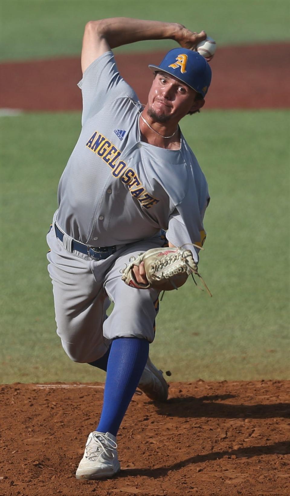 Angelo State University closer Jack Brinley gets ready to fire a pitch against Colorado Mesa during Game 2 of the Super Regional at Foster Field at 1st Community Credit Union Stadium on Saturday, May 28, 2022.