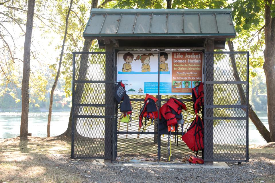 A life jacket loaner station is seen at Wallace Marine Park in Salem in September 2020. Not wearing a life jacket continued to be the most common factor in fatalities in 2023.