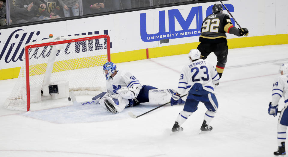 LAS VEGAS, NV - NOVEMBER 19: Vegas Golden Knights left wing Tomas Nosek (92) scores a goal against Toronto Maple Leafs goaltender Frederik Andersen (31) during a regular season game Tuesday, Nov. 19, 2019, at T-Mobile Arena in Las Vegas, Nevada. (Photo by: Marc Sanchez/Icon Sportswire via Getty Images)