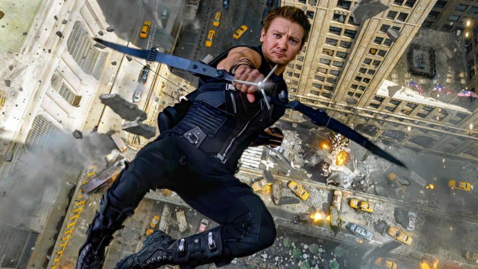 An image from Avengers shows Hawkeye shooting towards the camera, it's an image we return to in the first episode of Hawkeye