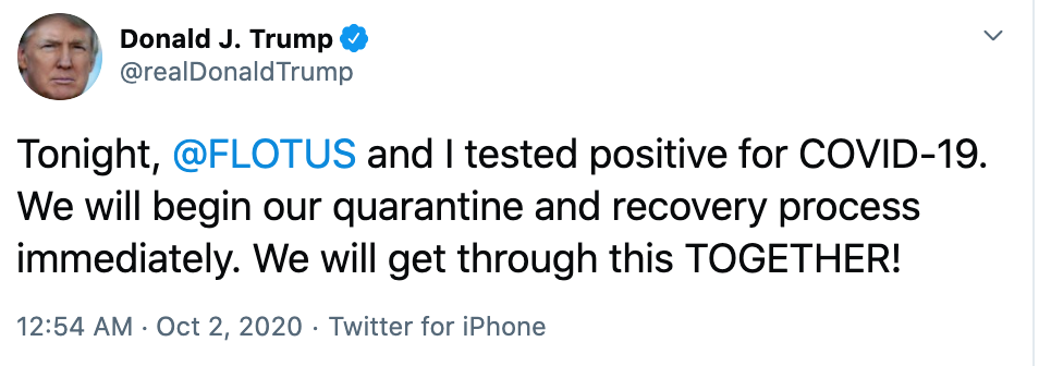 President Donald Trump tweet Oct. 2, 2020