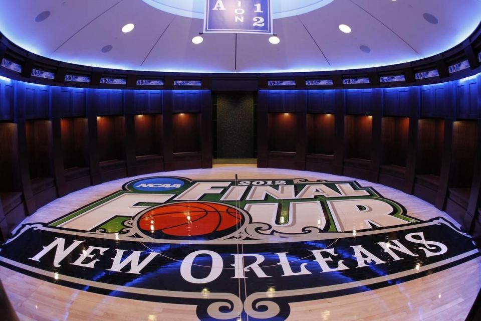 The centerpiece of the Kentucky locker room in Rupp Arena is the midcourt logo from the Wildcats’ national championship game in New Orleans in 2012. Mark Cornelison/Herald-Leader