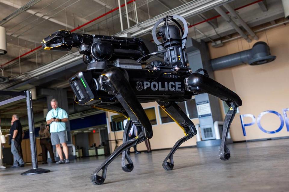 “Spot,” a robotic dog owned by Miami-Dade Police’s Special Response Team Department as seen during a South Florida Public Safety Regional Assets in Action Demonstration showcasing an active threat response incident in Biscayne Bay as part of the annual 2024 National Homeland Security Conference at PortMiami, Terminal J on Wednesday, July 24, 2024, in Miami, Fla.