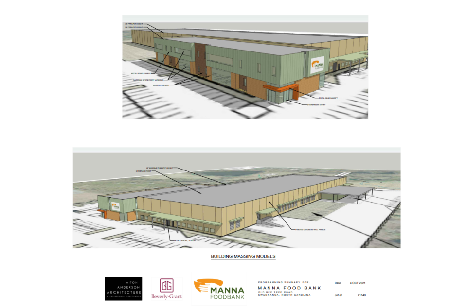 Renderings on file with Buncombe County show plans for a new MANNA FoodBank warehouse in Swannanoa.