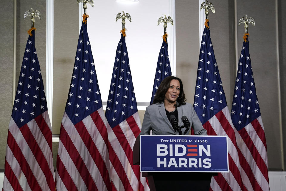 Democratic vice presidential candidate Sen. Kamala Harris, D-Calif., speaks at Shaw University during a campaign visit in Raleigh, N.C., Monday, Sept. 28, 2020. (AP Photo/Gerry Broome)