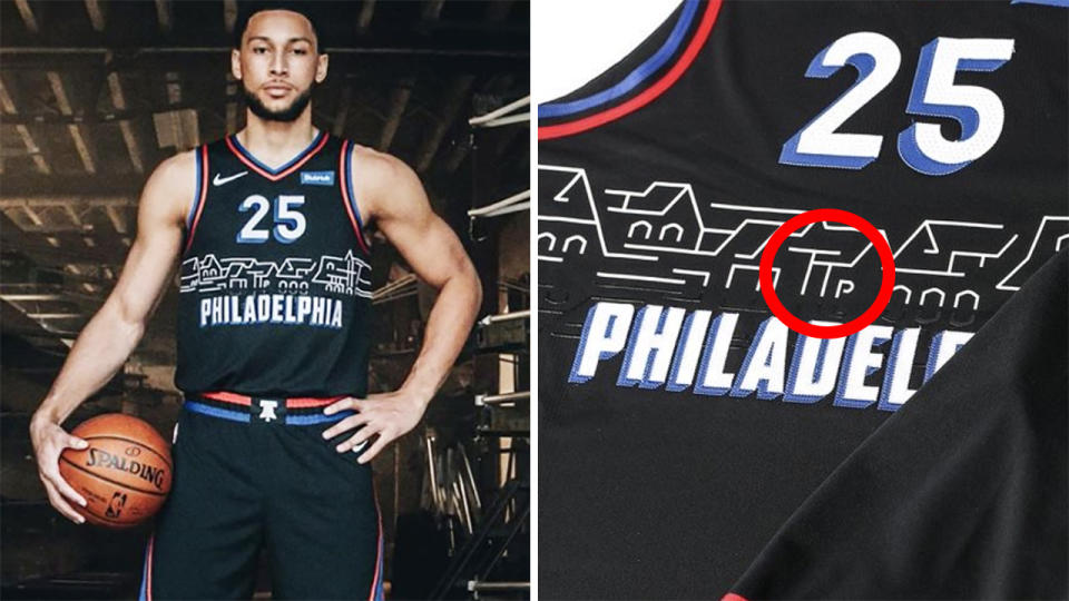 Ben Simmons modelled the Philadelphia 76ers' new 'City' jerseys on social media, and it didn't take long for fans to spot a cheeky hidden detail. Pictures: @sixers/Instagram