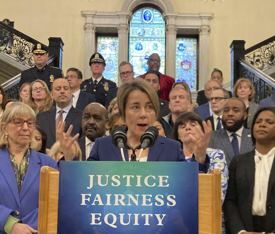 Massachusetts Gov. Maura Healey holds a news conference at the Massachusetts Statehouse in Boston on Wednesday, March 13, 2024. Healey said she would issue pardons for tens of thousands of people convicted of misdemeanor marijuana charges going back decades in the latest example of a state ambitiously seeking to forgive low-level drug offenders. (AP Photo/Steve LeBlanc)