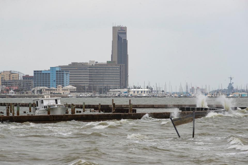Waves crash in to a seawall in Corpus Christi Bay on Monday, May, 17, 2021. 