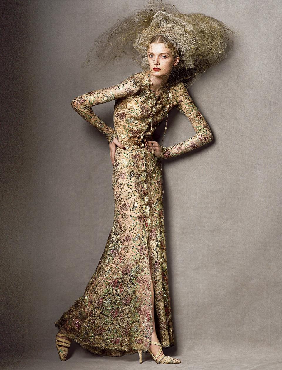 Lily Donaldson wears a Lesage-embroidered Chanel Haute Couture dress, based on one worn by Coco Chanel in 1937.