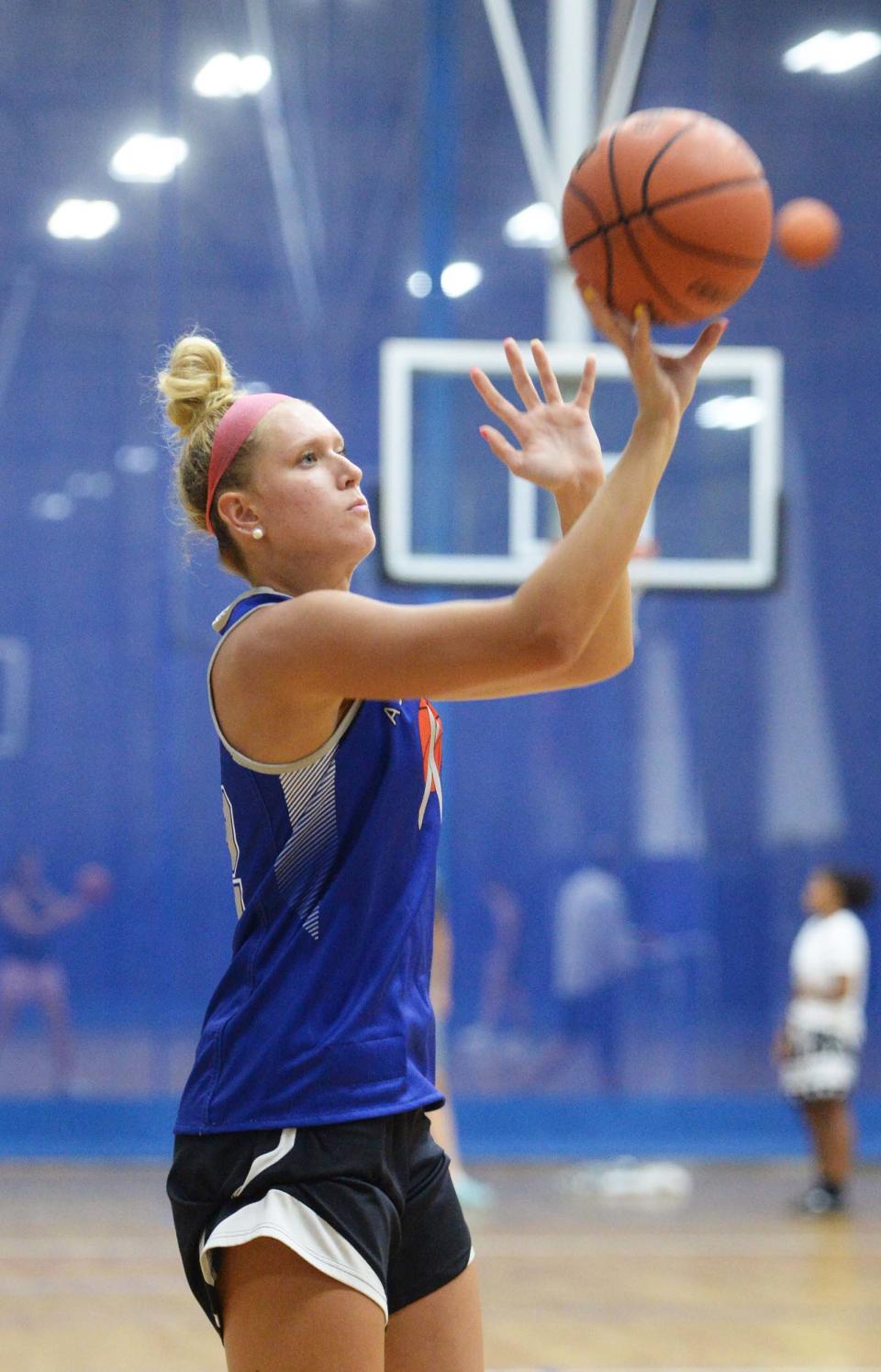 Shay Bollin, of Bridgewater-Raynham, participates in the Shot For Life annual basketball shooting fundraiser for cancer research at the Starland Sportsplex  and Fun Park in Hanover on Saturday, Aug. 7, 2021.