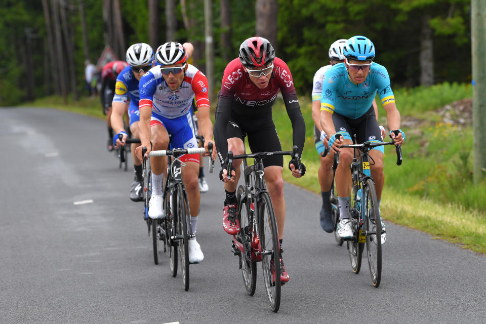 CRAPONNE-SUR-ARZON, FRANCE - JUNE 10: Petr Vakoc of Czech Republic and Team Deceuninck-QuickStep /  Thibaut Pinot of France and Team Groupama-FDJ / Jakob Fuglsang of Denmark and Astana Pro Team / Christopher Froome of Great Britain and Team INEOS /  during the 71st Criterium du Dauphine 2019, Stage 2 a 180km stage from Mauriac to Craponne-sur-Arzon / #Dauphine / @dauphine / on June 10, 2019 in Craponne-sur-Arzon, France. (Photo by Tim de Waele/Getty Images)