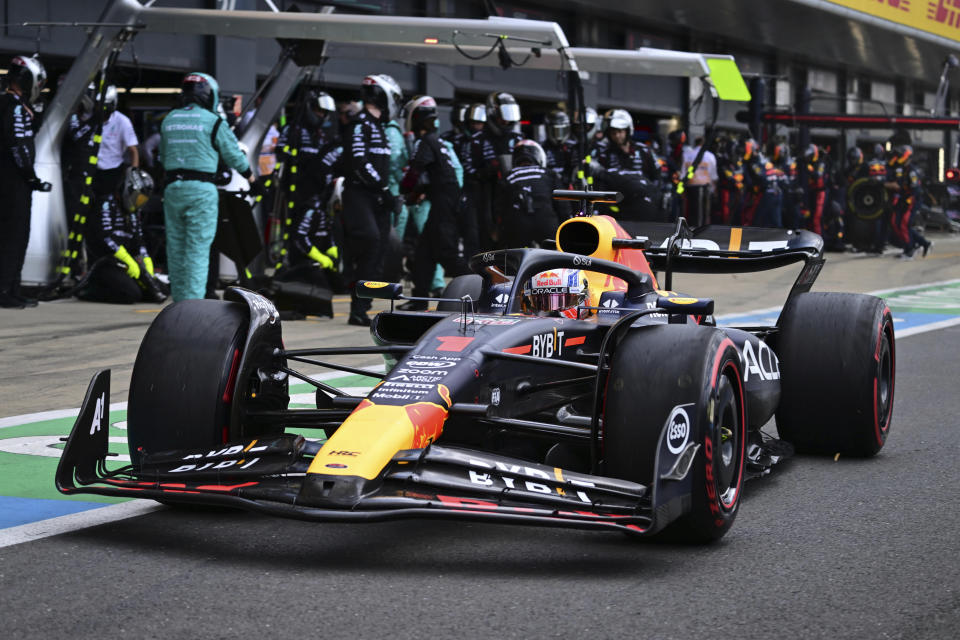 Red Bull driver Max Verstappen of the Netherlands steers his car after a pit service during the British Formula One Grand Prix race at the Silverstone racetrack, Silverstone, England, Sunday, July 9, 2023. (Christian Bruna/Pool photo via AP)